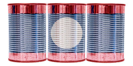 Three tin cans with the flag of Laos on them isolated on a white background.の写真素材