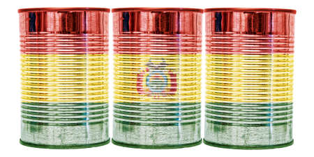 Three tin cans with the flag of Bolivia on them isolated on a white background.の写真素材