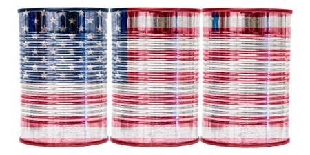 Three tin cans with the flag of United States of America on them isolated on a white background.の写真素材