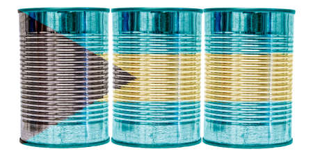 Three tin cans with the flag of the Bahamas on them isolated on a white background.の写真素材