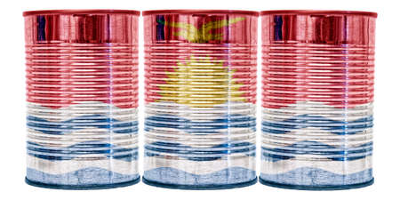 Three tin cans with the flag of Kiribati on them isolated on a white background.の写真素材