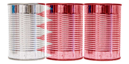 Three tin cans with the flag of Bahrain on them isolated on a white background.の写真素材