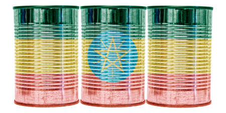 Three tin cans with the flag of Ethiopia on them isolated on a white background.の写真素材