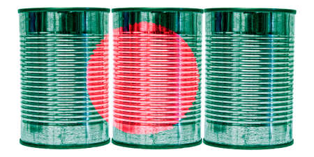 Three tin cans with the flag of Bangladesh on them isolated on a white background.