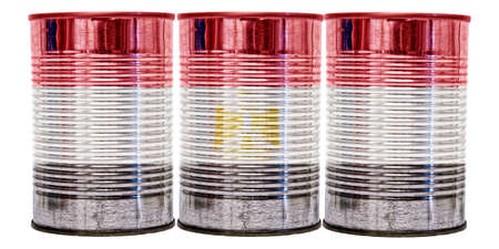 Three tin cans with the flag of Egypt on them isolated on a white background.の写真素材