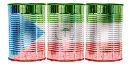 Three tin cans with the flag of Equatorial Guinea on them isolated on a white background.の写真素材