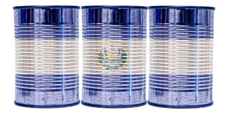 Three tin cans with the flag of El Salvador on them isolated on a white background.