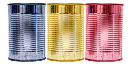 Three tin cans with the flag of Chad on them isolated on a white background.の写真素材