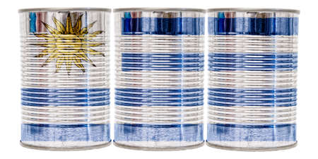 Three tin cans with the flag of Uruguay on them isolated on a white background.の写真素材