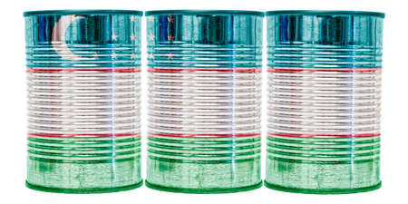 Three tin cans with the flag of Uzbekistan on them isolated on a white background.の写真素材