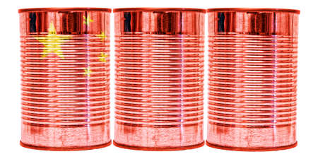 Three tin cans with the flag of China on them isolated on a white background.の写真素材