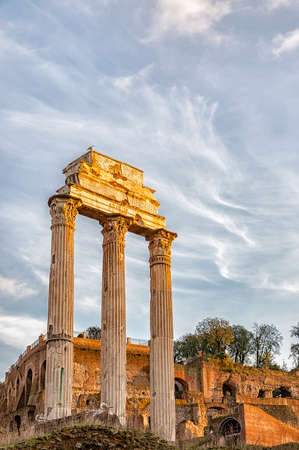 The ancient ruin of the Roman Forum Temple of Castor and Pollux situated in the Italien capital of Rome.の写真素材