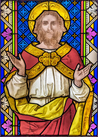 A stained glass window of Jesus Christ from the Saint Mungo's cathedral in Glasgow, Scotlandのeditorial素材