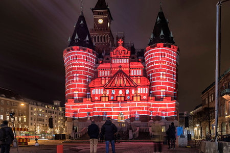 HELSINGBORG, SWEDEN - FEBRUARY 13, 2018: One of the many imaginative illuminations in the cities festival of light called dromljus.のeditorial素材