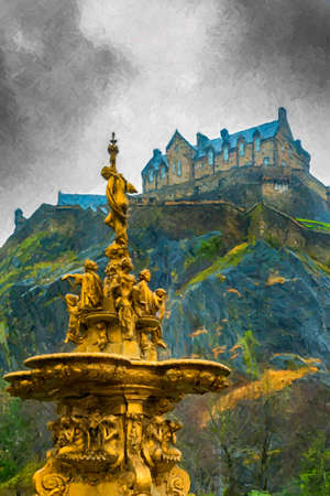 Digital painting of the golden Ross fountain in Princess street gardens in Edinburgh, Scotland creates a beautiful setting with the historic castle in the background.のeditorial素材