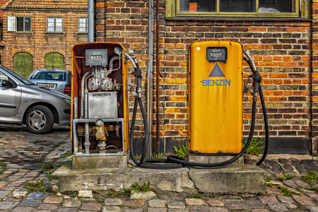 HELSINGOR, DENMARK - MARCH 24, 2019: Retro petrol pumps at a retro filling station in Helsingor, Denmark.のeditorial素材