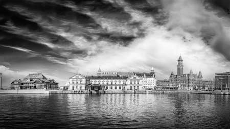 HELSINGBORG, SWEDEN - APRIL 25: A panoramic black and white image of the port in Helsingborg. A city in south western Sweden. April 25, 2016, Helsingborg, Sweden.のeditorial素材