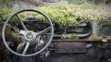 KIRKOE MOSSE, SWEDEN - 30 MAY 2020: A car graveyard situated in a forest at Kirkoe Mosse, Sweden.のeditorial素材