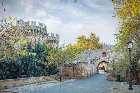 A background view of the ancient city wall at Rhodes old town in Greece.の写真素材