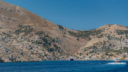 SYMI, GREECE - JULY 05, 2021: Symi is a Greek island and part of the Dodecanese island group.