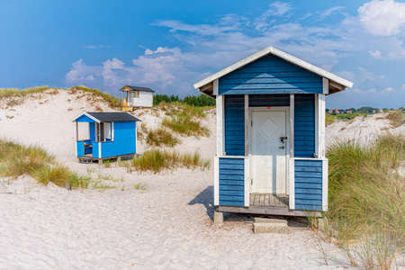 The colourful huts at skanor white sand beach in the skane region of Sweden.のeditorial素材