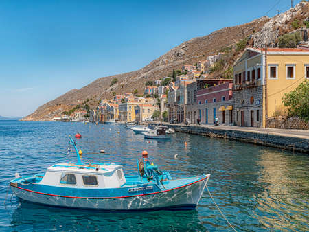 SYMI, GREECE - JULY 05, 2021: Symi is a Greek island and part of the Dodecanese island group.のeditorial素材