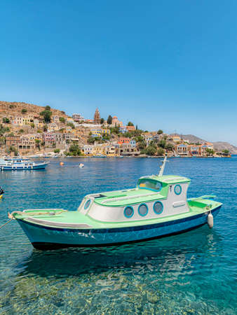 SYMI, GREECE - JULY 05, 2021: Symi is a Greek island and part of the Dodecanese island group.