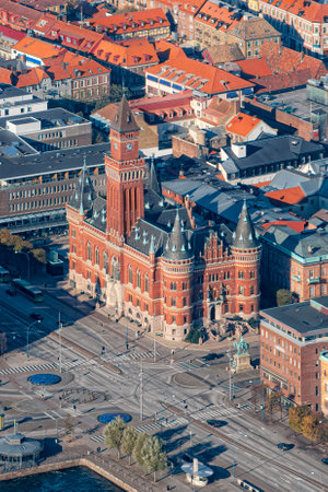 An aerial view of the neogothic style town hall building in Helsingborg, Sweden.のeditorial素材