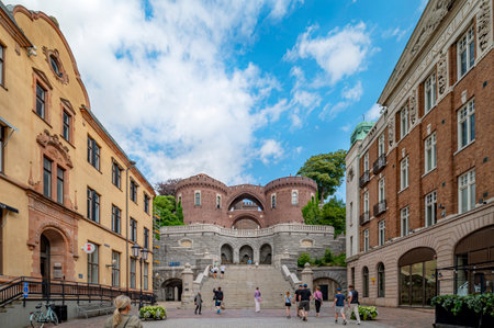 HELSINGBORG, SWEDEN - JULY 16, 2023: The stairs and terrace that lead up to the medieval keep called karnan that defended the Swedes from the Danes in the middle ages.のeditorial素材