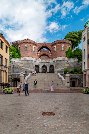 HELSINGBORG, SWEDEN - JULY 16, 2023: The stairs and terrace that lead up to the medieval keep called karnan that defended the Swedes from the Danes in the middle ages.のeditorial素材