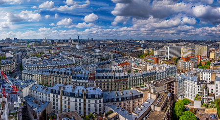 Panoramic view of Paris cityscape with clouds on summerの写真素材