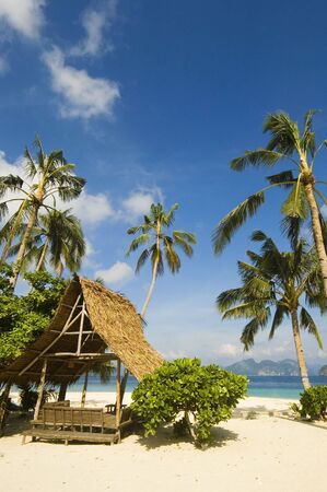 Nipa Hut and coconut trees along a white sand beachの写真素材