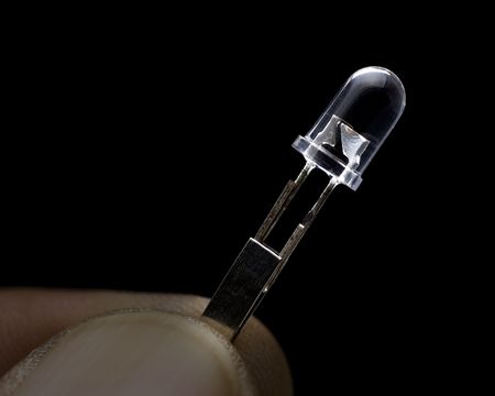 Hand holding tiny light bulb against black background