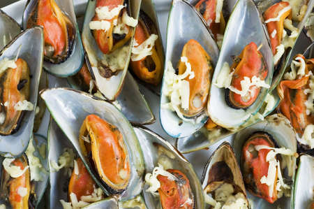 Yummy grilled mussles with cheese