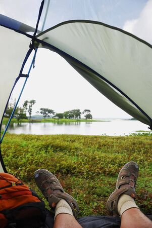 Morning lake view through tent, Laguna, Philippinesの写真素材