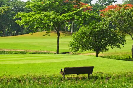 Bench in a beautiful golf course in the Philippinesの写真素材