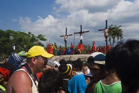 Participant in the Senakulo in Cutud, San Fernando, Pampanga in the Philippines where they dramatize the Passion of Jesus Christ.  The event is highlighted by live crucifixions of men. This is an annual Holy Week ritual in Barangay Cutud, San Fernando, Paのeditorial素材