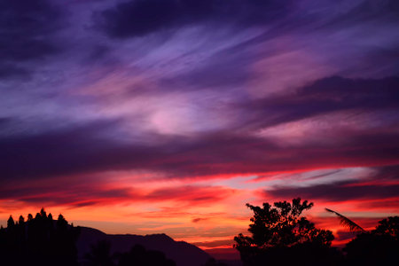 Beautiful purple orange sunset in a war-torn place.の写真素材