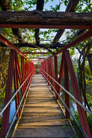 Bridge and reflection view during sunrise in a rural areaの写真素材