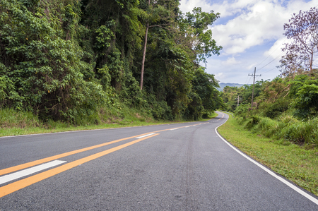 Winding asphalt road with markings beside forestの写真素材