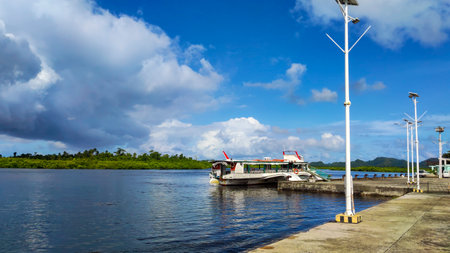 Tourist boat docked in one of Siargao Tourism ports ready to take local and foreign tourists in Siargaoâs different beautiful destinations.の写真素材