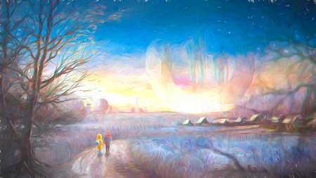Mystical landscape in the outback of eastern Europe, Russia. Two children meet ghostsの写真素材
