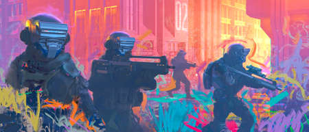 Special forces of the future are going to capture the target. Cyberpunk styleの写真素材