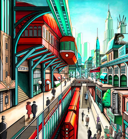 Illustration of a city street in the style of retro-futurism, suspension railway, train, art deco, the townspeopleの写真素材