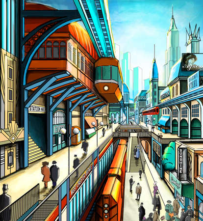 Illustration of a city street in the style of retro-futurism, suspension railway, train, art deco, the townspeopleの写真素材