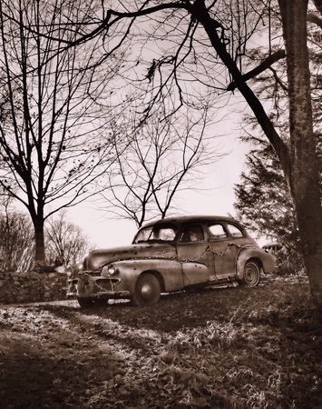 Antique Car and Christmas Lightsの写真素材