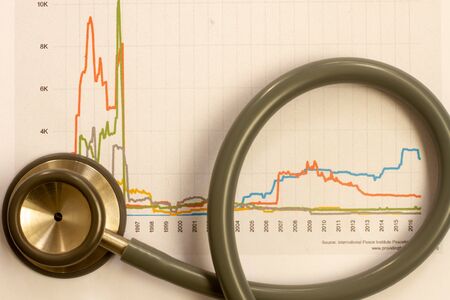 Medical statistics and graphic charts with stethoscope.の写真素材