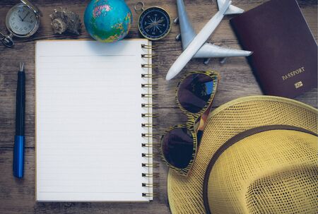 Travel Blogger accessories on wood copy spaceの写真素材