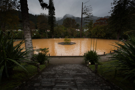 The botanical gardens and volcanic water pool of Parque Terra Nostra in Furnas on the island of San Miguel in the Azoresのeditorial素材
