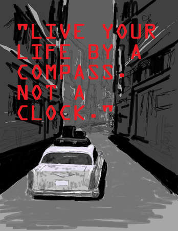 illustration of a car driver who travels long distances only needs a compass to get to the destinationのイラスト素材